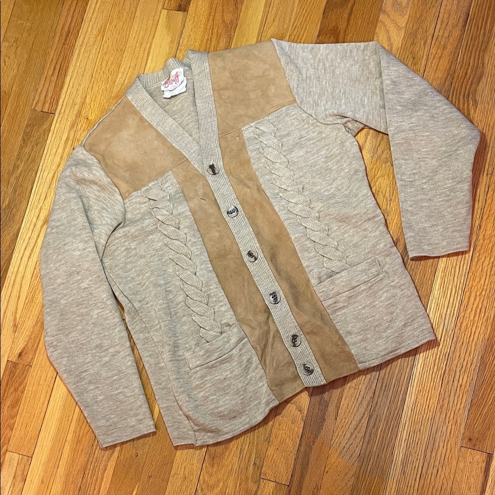 Suede & Wool BANFF Vintage Beige & Tan Cable-Knit Classic Retro Grandpa Cardigan
